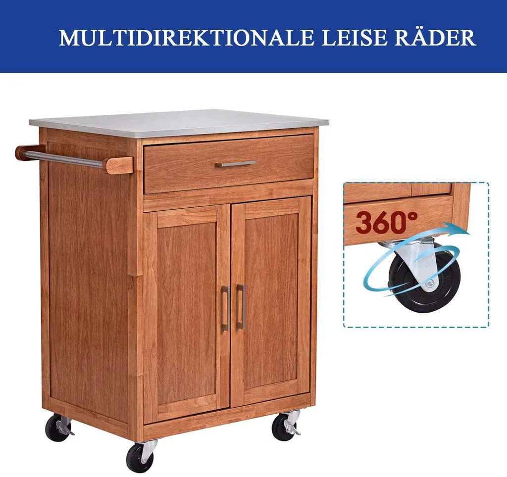  COSTWAY Küchenwagen Mit Schublade, Kücheninsel Mit Handtuchhalter, Küchenschrank Rollbar, Servierwagen Aus Holz, Kücheninselwagen, Mikrowellenwagen, Sideboard Naturholz