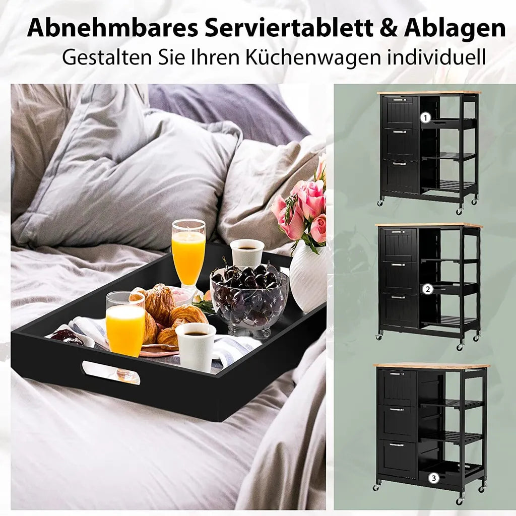  COSTWAY Küchenwagen Mit Tablett, Regalen Und 3 Großen Schubladen, Küchenschrank Rollbar, Kücheninsel Aus Kautschukholz, Servierwagen 67 X 37 X 82,5 Cm (Schwarz)