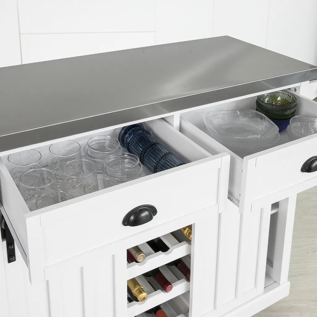  SoBuy FKW94-W Design Küchenwagen Mit Flaschenablage Küchenschrank Mit 2 Schiebetüren Und 2 Schubladen Servierwagen Mit Edelstahlplatte Sideboard Weiß