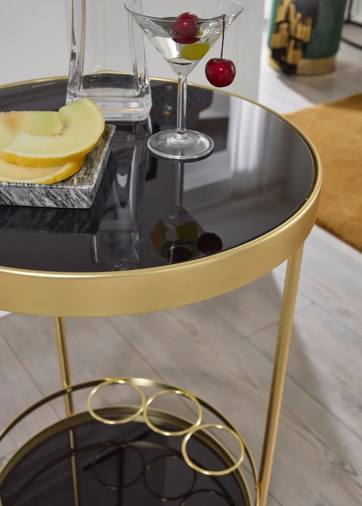  WOHNLING Design Servierwagen Gold Rund Ø 45cm 2 Ebenen | Beistelltisch Auf Rollen Mit Glasplatte Schwarz Speisewagen | Küchenwagen | Teewagen