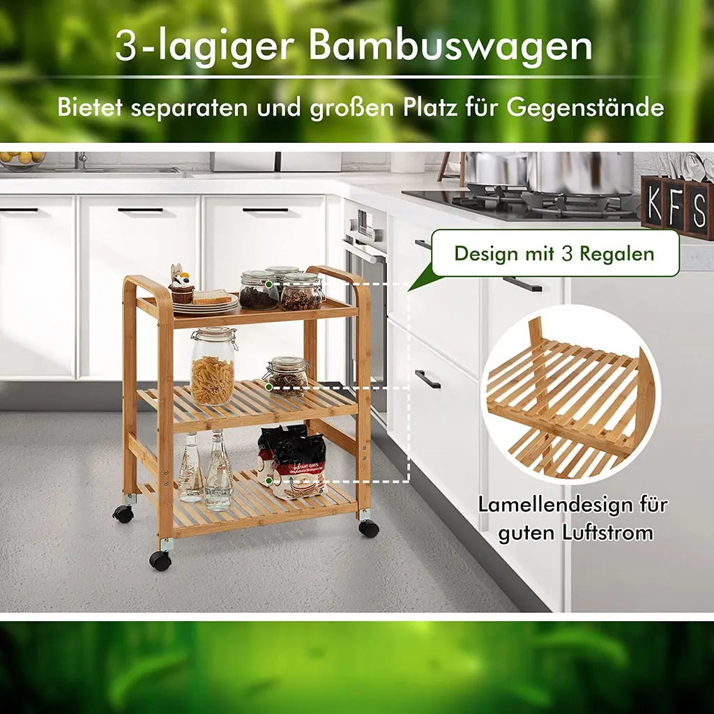  COSTWAY Servierwagen Mit 3 Ablagen, Griffen & Abnehmbarem Rollen, Küchenwagen Bambus Auf Rädern, Mobiler Allzweckwagen Rollwagen Lagerregal Für Küche, Flur & Bad, 58 X 33 X 76 Cm