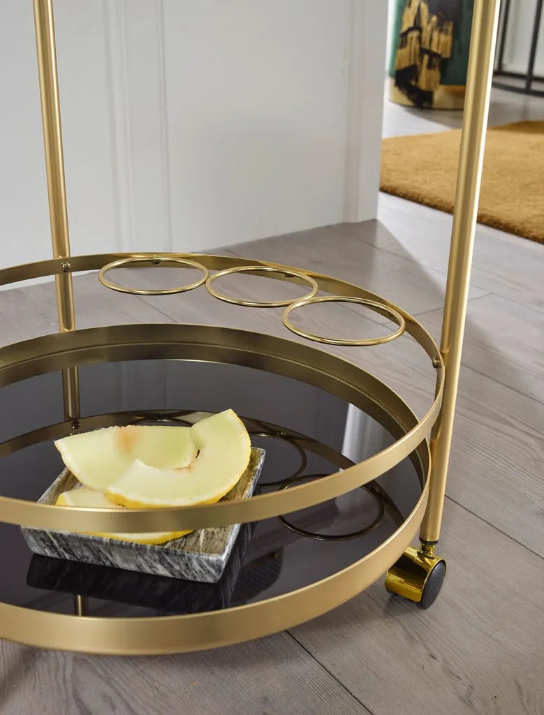  WOHNLING Design Servierwagen Gold Rund Ø 45cm 2 Ebenen | Beistelltisch Auf Rollen Mit Glasplatte Schwarz Speisewagen | Küchenwagen | Teewagen