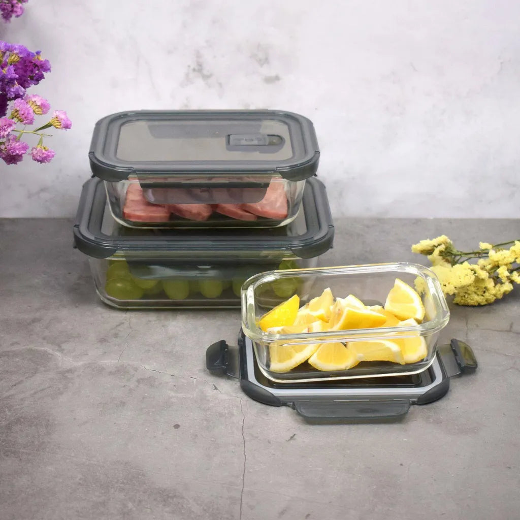  PIE LOCK Vorratsdosen 6 Teilig Eckig - Vorratsdosen Set Mikrowellengeeignete Essensbox Vorratsbehälter - Grau Glasdose Lunchbox Vorratsgläser Set