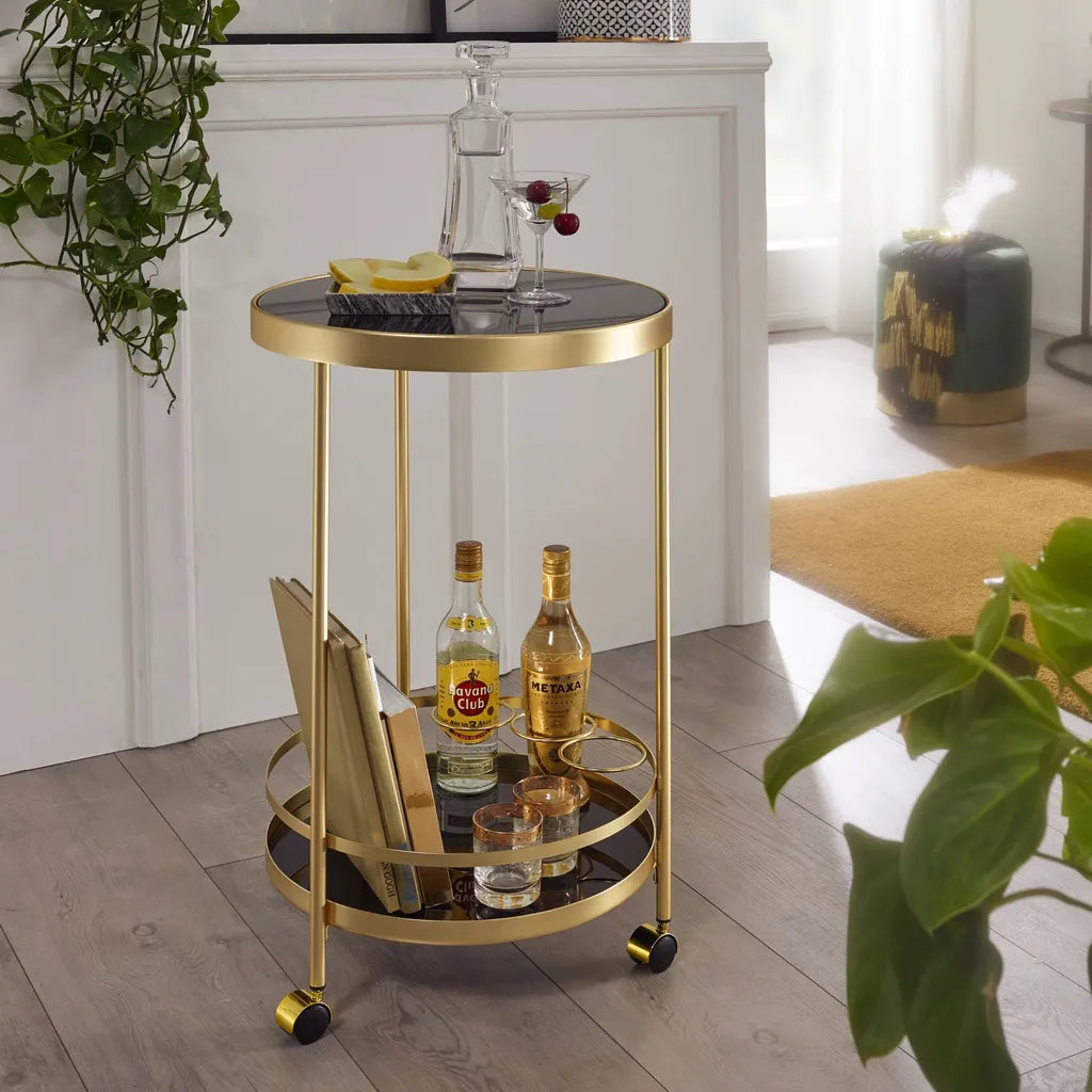  WOHNLING Design Servierwagen Gold Rund Ø 45cm 2 Ebenen | Beistelltisch Auf Rollen Mit Glasplatte Schwarz Speisewagen | Küchenwagen | Teewagen