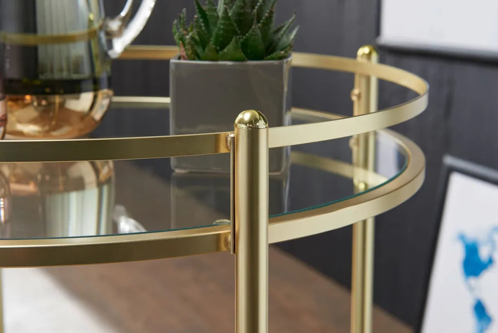  WOHNLING Design Servierwagen Gold Ø 57 Cm Beistelltisch | Teewagen Metall Mit Rollen | Küchenwagen Mit Glasplatten | Barwagen Rund 75 Cm Hoch | Küchentrolley Modern | Rollwagen