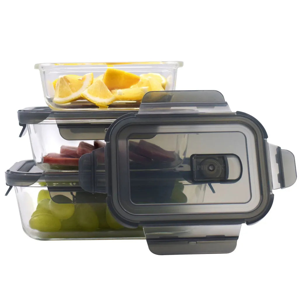  PIE LOCK Vorratsdosen 6 Teilig Eckig - Vorratsdosen Set Mikrowellengeeignete Essensbox Vorratsbehälter - Grau Glasdose Lunchbox Vorratsgläser Set