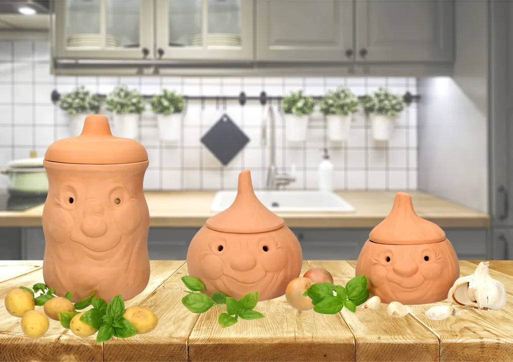  Mambocat 3tlg. Terrakotta-Töpfe Set Knoblauchtopf + Zwiebeltopf + Kartoffeltopf Vorrats-Dosen