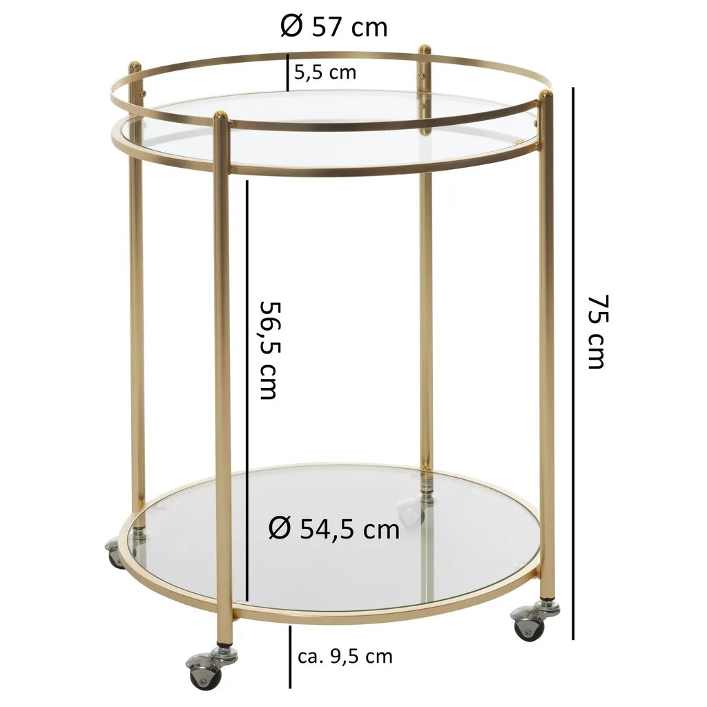  WOHNLING Design Servierwagen Gold Ø 57 Cm Beistelltisch | Teewagen Metall Mit Rollen | Küchenwagen Mit Glasplatten | Barwagen Rund 75 Cm Hoch | Küchentrolley Modern | Rollwagen