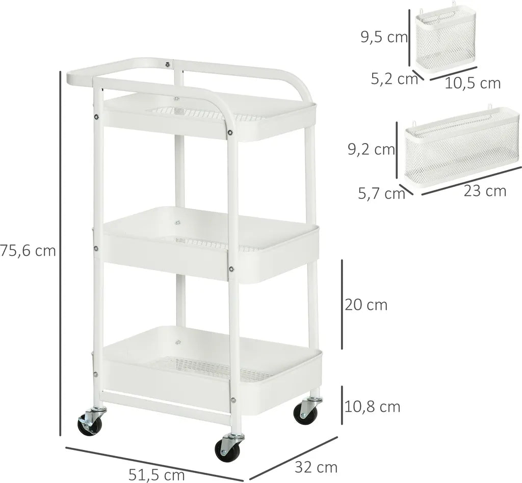  HOMCOM Rollwagen3-Etagen Küchenwagen Mit Schubladen Und Korb Für Küche Büro Schlafzimmer Wohnzimmer Stahl Weiß 51,5 X 32 X 75,6 Cm