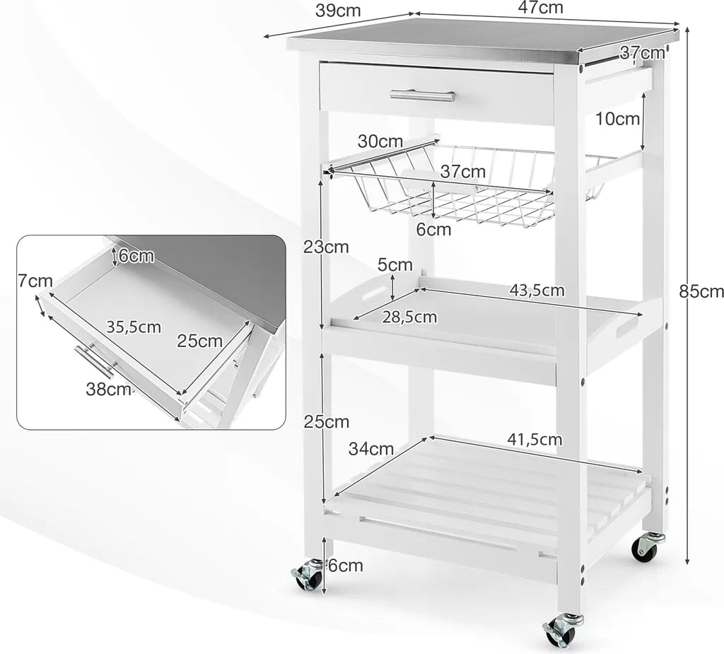  COSTWAY Kleiner Küchenwagen, Servierwagen Auf Rollen, Arbeitsplatte Aus Edelstahl, Schublade, Korb & Abnehmbarem Serviertablett, Rollwagen Kücheninsel, Küchentrolley Landhausstil Weiß, 47x39x85cm