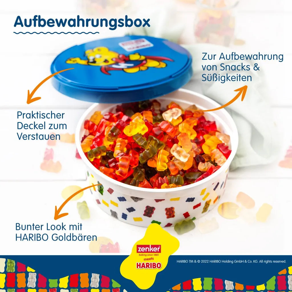  Zenker Haribo Vorratsdose Als Aufbewahrung Für Snacks Und Süßigkeiten Frischhaltedose Aus Kunststoff Mit Süßem Goldbär-Design Runde Dose Für Die Küche