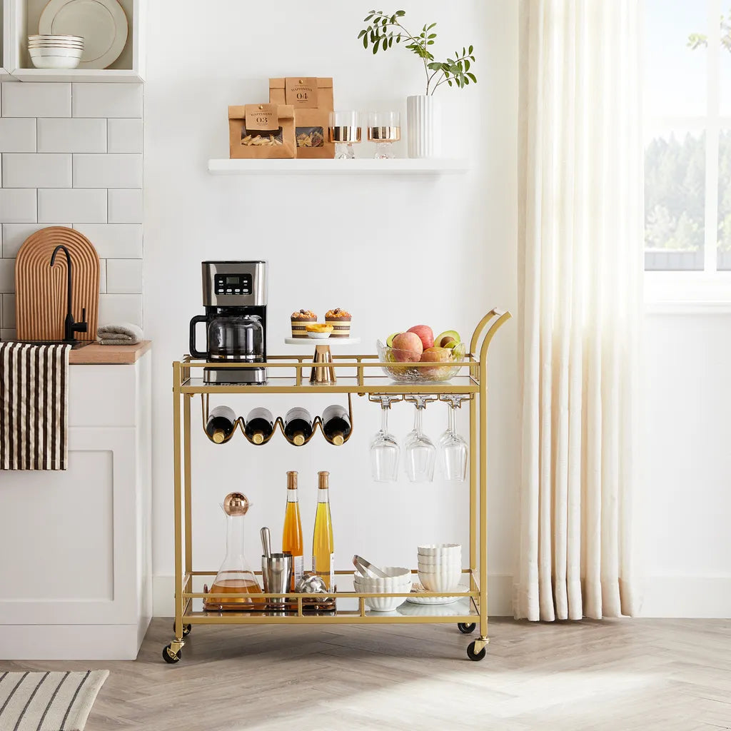  VASAGLE Servierwagen, Rollwagen, Gläserhalter, 2 Verspiegelte Glasablagen, Barwagen, Weinwagen, Für Küche, Esszimmer, Bar, Goldfarben