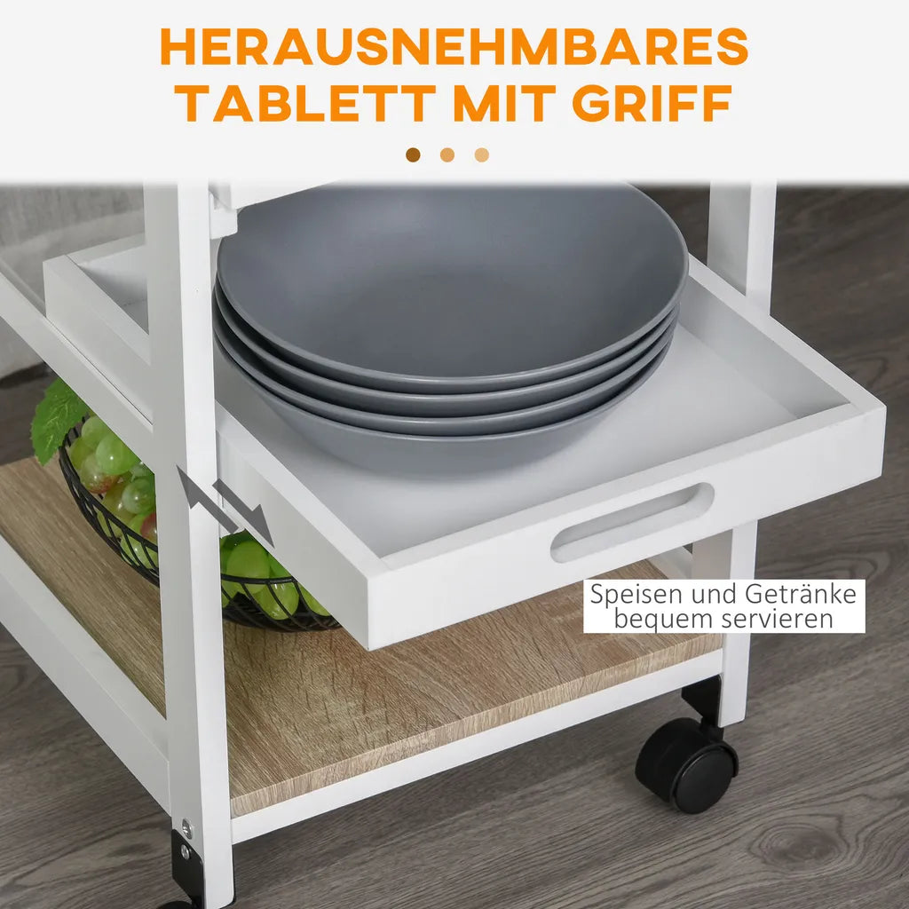  HOMCOM Küchenwagen, Servierwagen Mit Schublade Und Abnehmbarem Tablett Küchenrollwagen, Rollwagen Mit Arbeitsplatte, Kieferholz, Weiß, 37 X 37 X 82 Cm