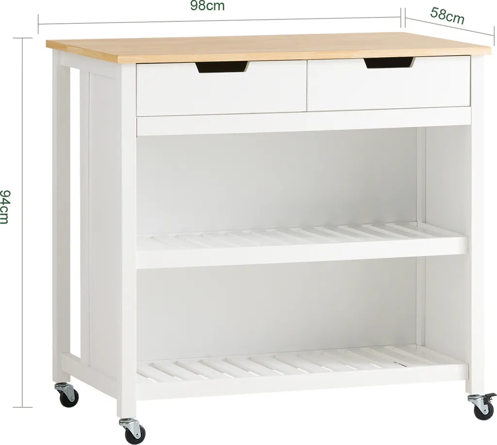  SoBuy FKW74-WN Servierwagen Kücheninsel Sideboard Küchenwagen Küchenschrank Mit 2 Schubladen Und Ablagen Weiß-Natur BHT Ca.: 100x94x60cm