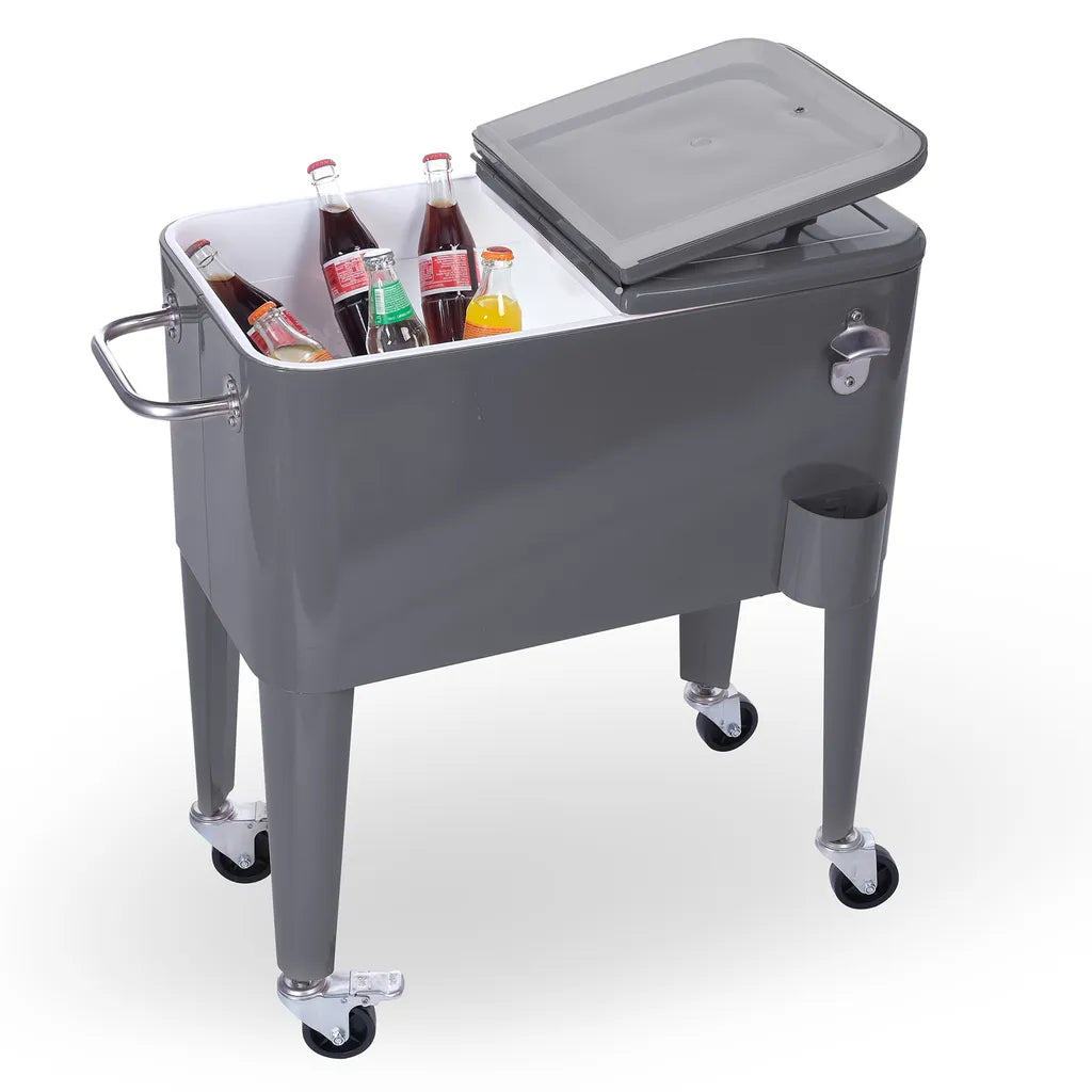  Kühlwagen, Servierwagen Outdoor Mit Großer Kühlbox, Getränkekühler Beistellwagen Für Garten, Rollbarer Party Kühlwagen Im Retro-Look – 57l, Farbe:anthrazit