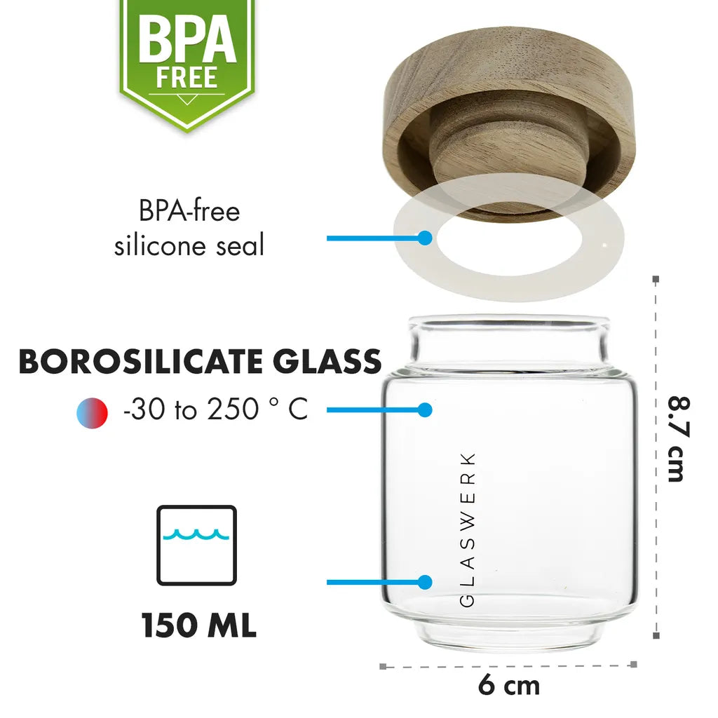  Klarstein Glaswerk Cassia Gewürzgläser Vorratsgläser Gewürzgläserset , 6 X 130 Ml , Borosilikatglas , Deckel Aus Akazienholz , Stapelbares Design , Luftdichte Aufbewahrung