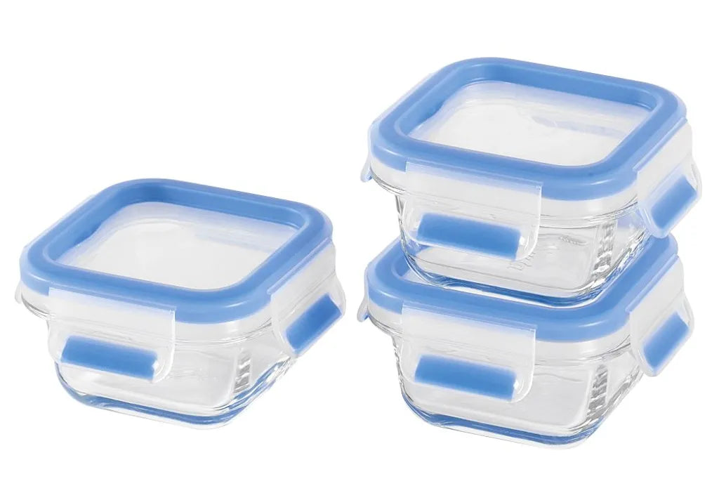  EMSA Clip & Close Glas, Set, Quadratisch, 0,2 L, Blau, Transparent, Polypropylen (PP), Thermoplastisches Elastomer (TPE), Deutschland