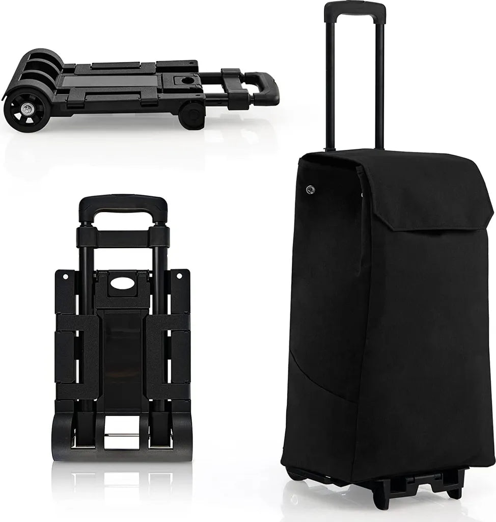  COSTWAY 2in1 Einkaufswagen & Trolley Mit 38L-Fassungsvermögen, 3-stufig Höhenverstellbarer Einkaufsroller Mit 2 Rädern & 2 Seitentaschen & Reißverschlusstasche, Bis 60kg Belastbar Schwarz