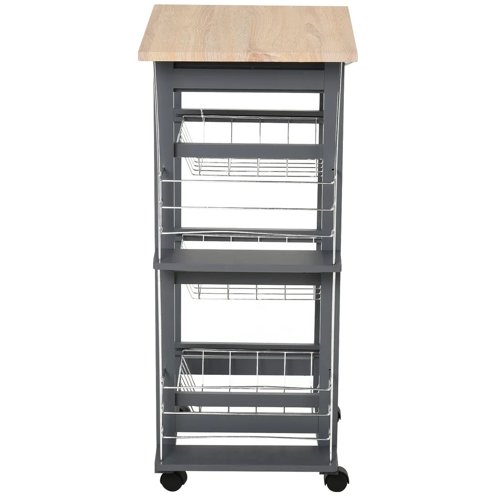  HOMCOM Küchenwagen Auf Rädern, Rollwagen Mit 2 Regalen, Servierwagen, Bastelwagen Mit Arbeitsplatte Und Gewürzregal, Rollregal Für Küche, Esszimmer, Kiefernholz, Grau, 47 X 37 X 83 Cm