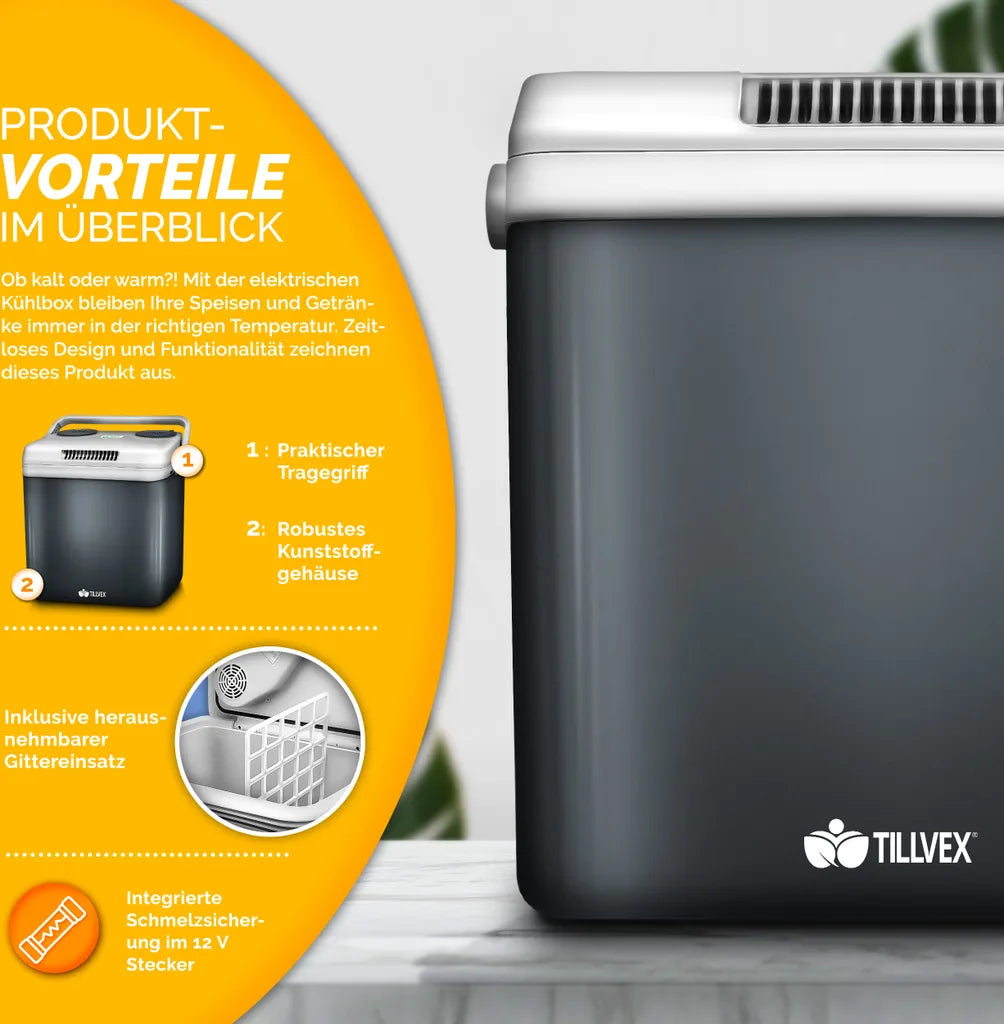  Tillvex Kühlbox Elektrisch 32L Grau | Mini-Kühlschrank 230 V Und 12 V Für KFZ Auto Camping | Kühlt & Wärmt | ECO-Modus