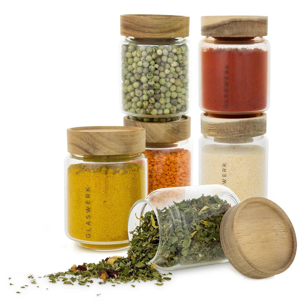  Klarstein Glaswerk Cassia Gewürzgläser Vorratsgläser Gewürzgläserset , 6 X 130 Ml , Borosilikatglas , Deckel Aus Akazienholz , Stapelbares Design , Luftdichte Aufbewahrung