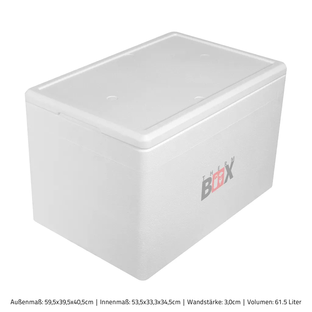  Styroporbox 61W | Wand: 3,0cm | Volumen: 61,5L | Innenmaß:53x33x34cm | Weiß Isolierbox Thermobox Kühlbox Warmhaltebox