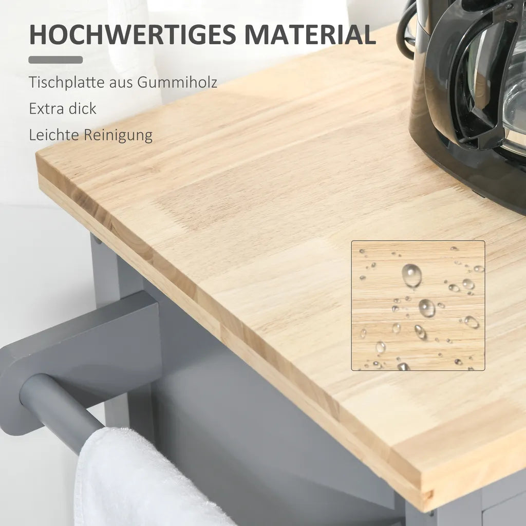 HOMCOM Küchenwagen Rollbar Servierwagen Standregal Küchentrolley Schrank Mit Schublade Bodenregal Handtuchhalter Für Küche Esszimmer Gummiholz MDF Grau+Natur 108 X 45 X 89 Cm