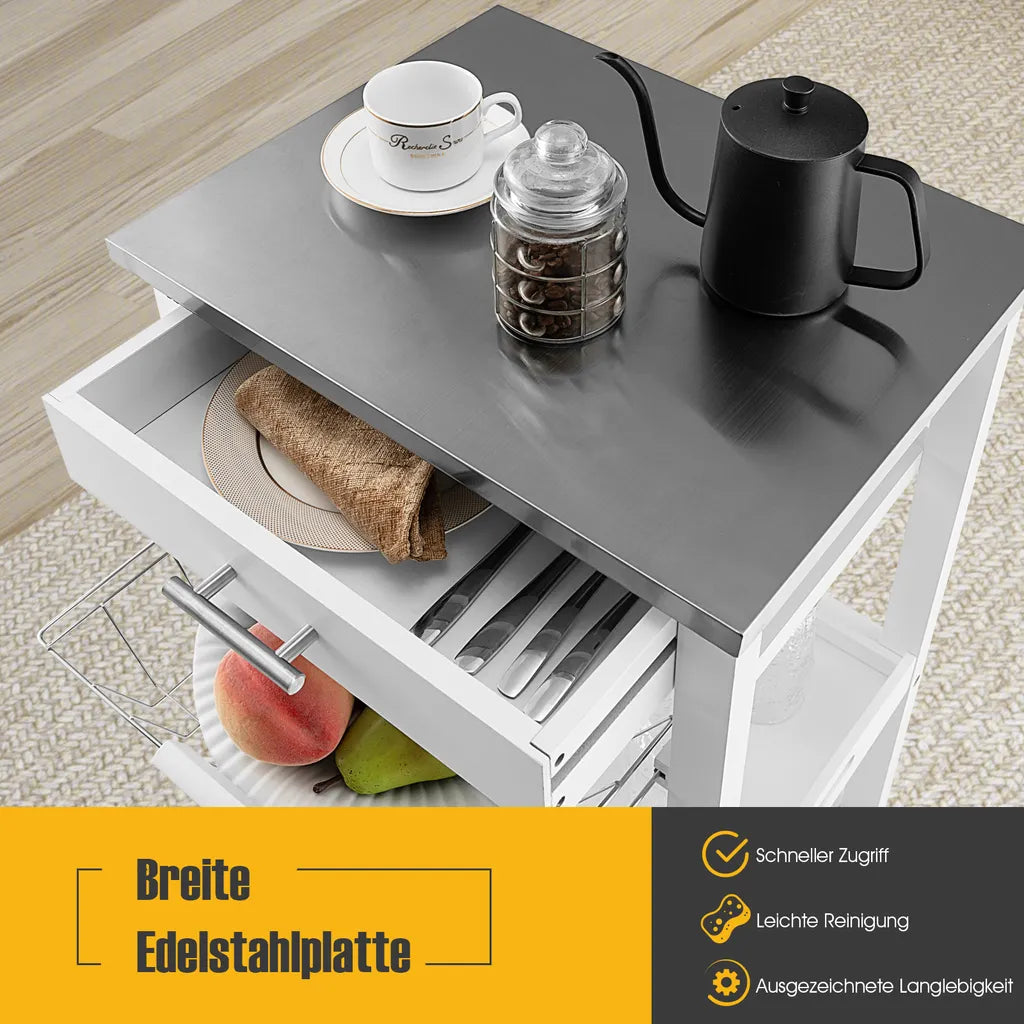  COSTWAY Kleiner Küchenwagen, Servierwagen Auf Rollen, Arbeitsplatte Aus Edelstahl, Schublade, Korb & Abnehmbarem Serviertablett, Rollwagen Kücheninsel, Küchentrolley Landhausstil Weiß, 47x39x85cm