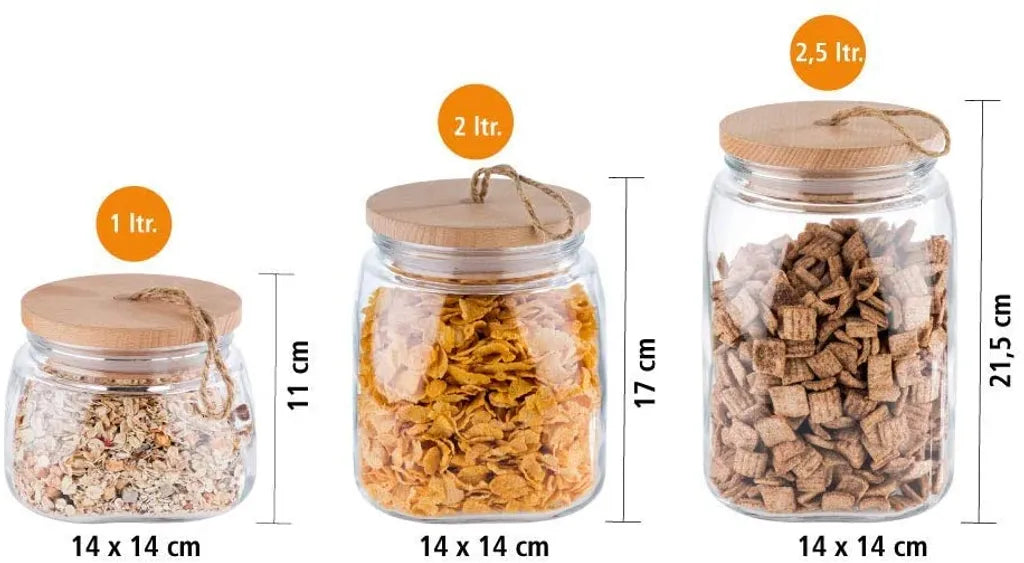  APS 2er Set Vorratsglas -WOODY- /// 14 X 14cm, H: 21 Cm /// Glas, Kiefernholz, Silikon /// 2,5 Liter /// 67514
