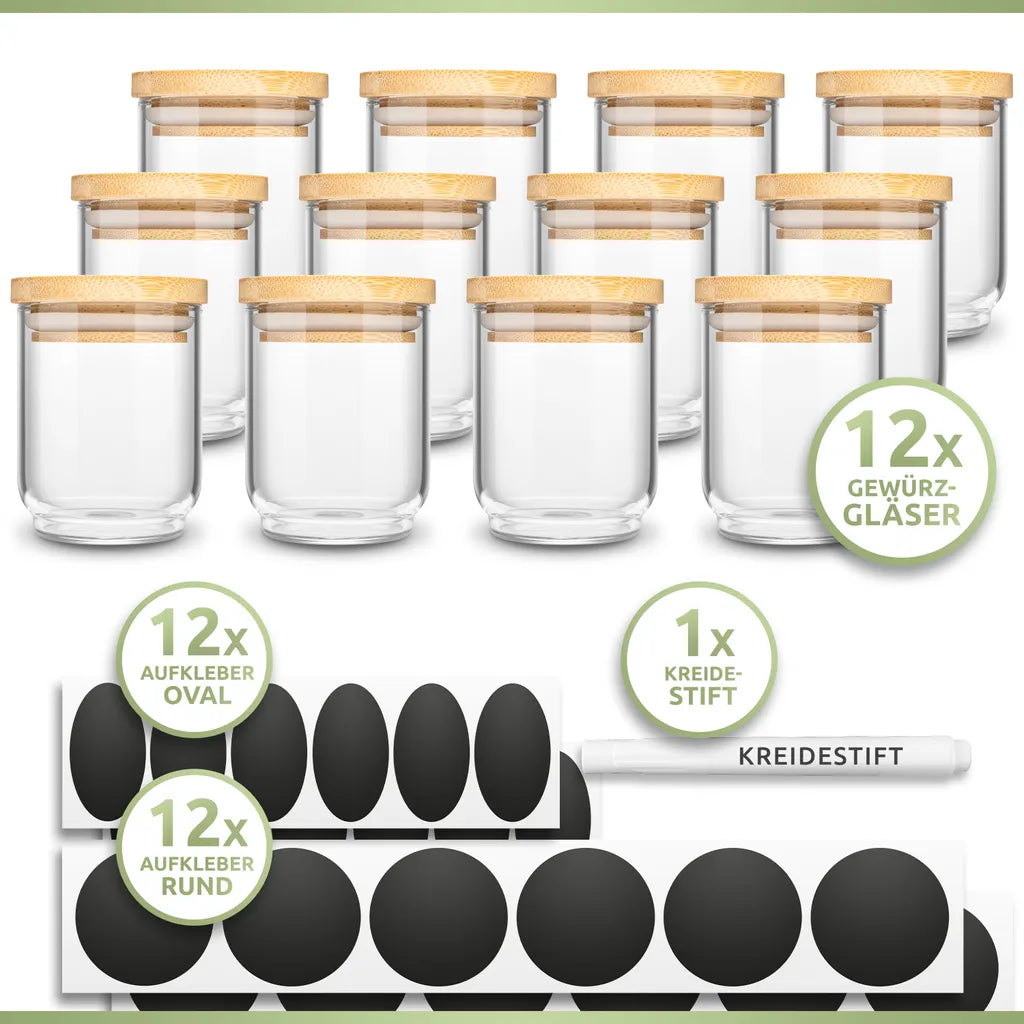  PORADA 12 Stapelbare Gewürzgläser Set 150ml Glasbehälter Mit Deckel Aufbewahrung Küche Gewürzdosen Vorratsdosen Glas Mit Deckel Aufbewahrungsgläser Küchenorganisation Aufbewahrung…