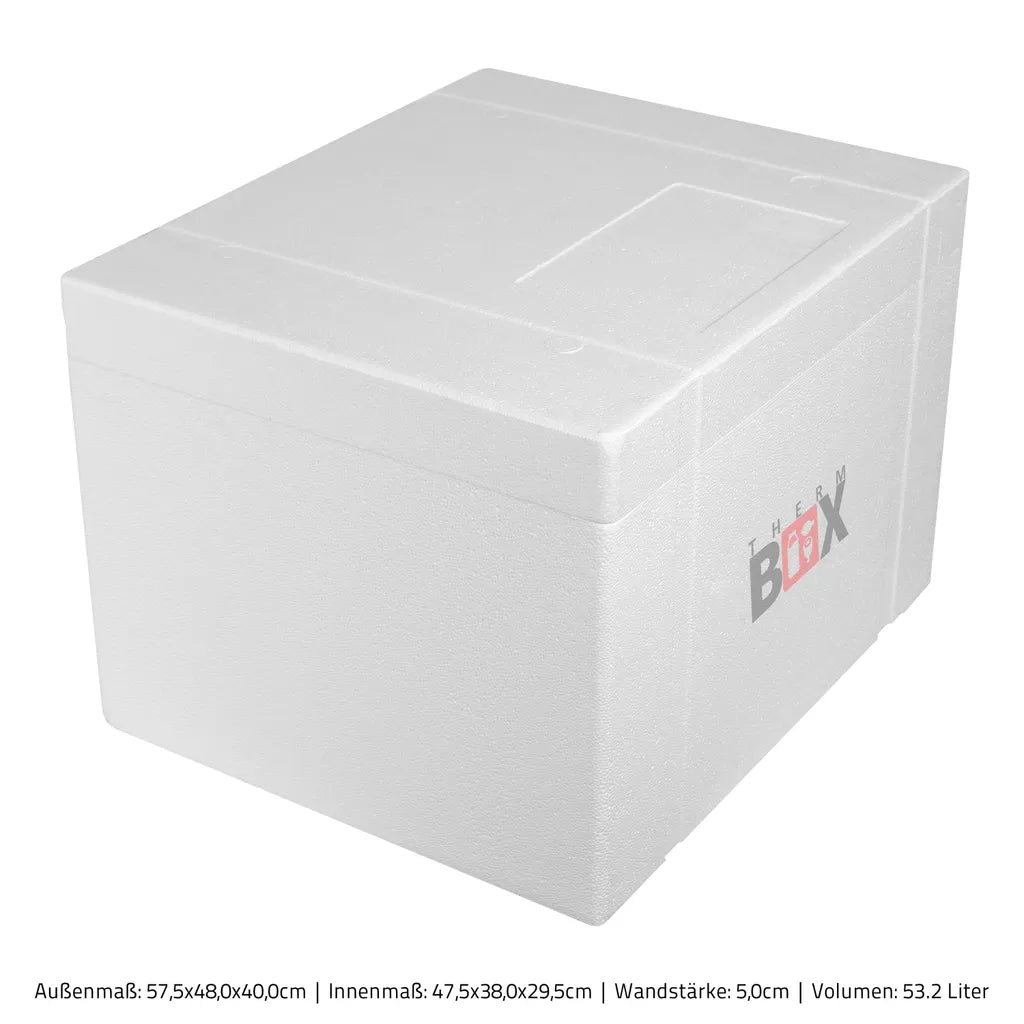  Styroporbox 53W | Wand: 5,0cm | Volumen: 53,2L | Innenmaß:47x38x29cm | Weiß Isolierbox Thermobox Kühlbox Warmhaltebox