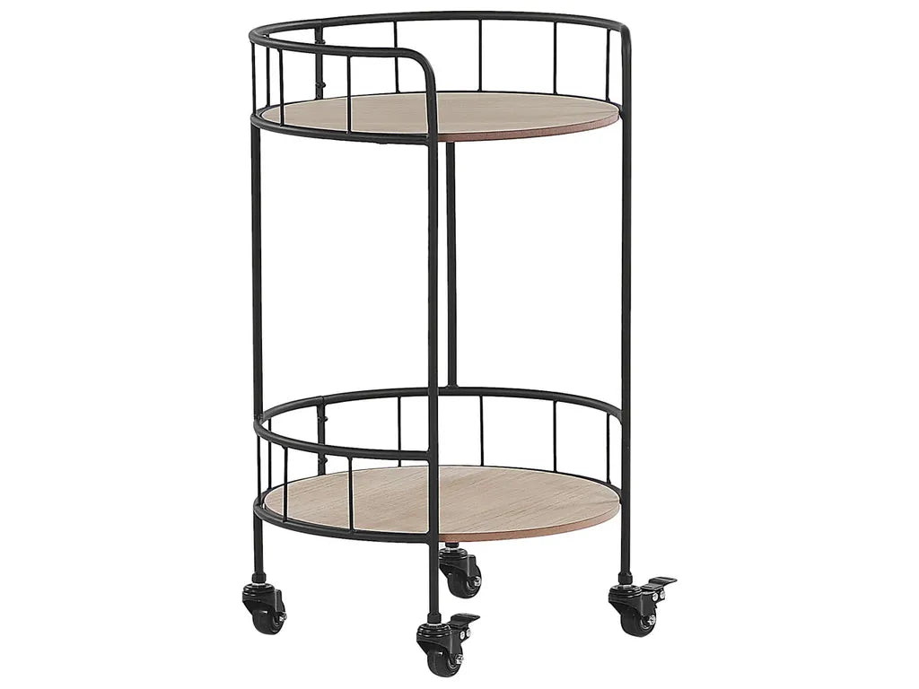  Servierwagen Schwarz / Heller Holzfarbton Aus MDF/ Metall 39 X 39 X 64 Cm Mit 2 Ablagen Rund Viel Stauraum Wohnzimmer Modern Elegant