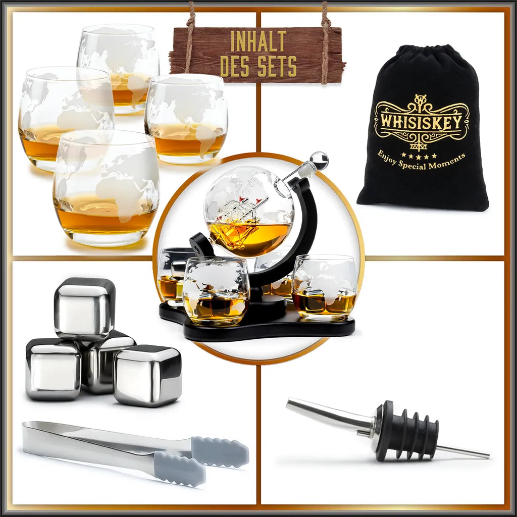  Whisiskey - Whisky Karaffe - Geschenke Für Männer - Komplette Whiskey Set - Globus - 900ML – Inkl. 4 Whisky Steine, 4 Whisky Gläser & Ausgießer - Whisky Dekanter – Whiskygläser - Natursteine