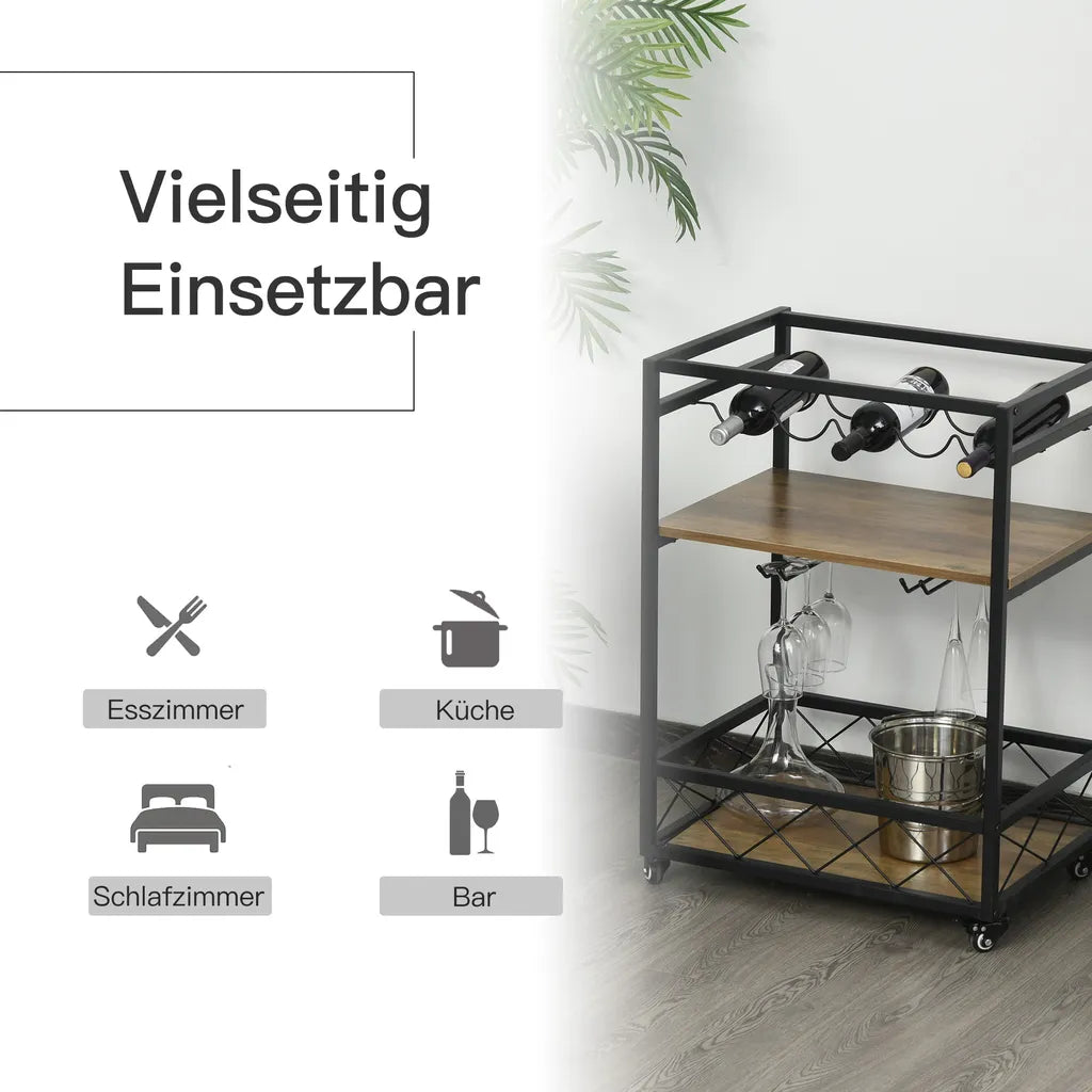  HOMCOM Rollwagen Servierwagen Auf Rollen, Küchenwagen Mit Weinregal Und Glashalter, Mit Bremsen, Metall, 77 X 44,5 X 91 Cm