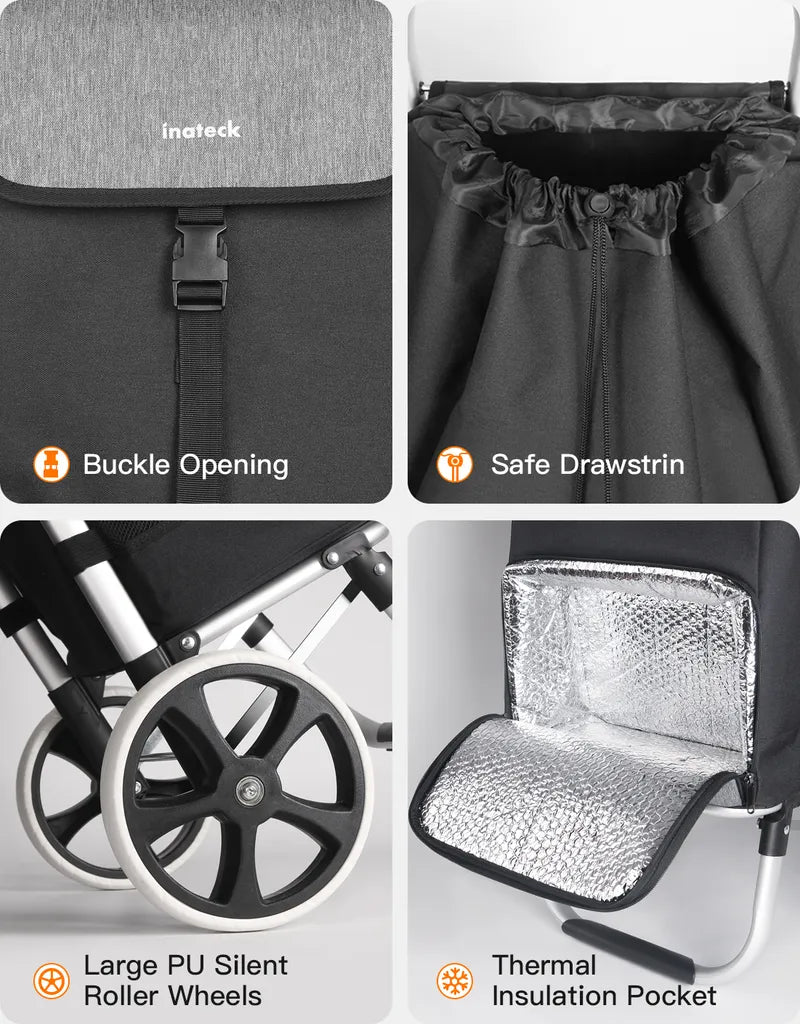  Inateck Einkaufstrolley Mit Großer Ladekapazität Und Wärmedämmungstasche, Leichte Einkaufstasche Mit Rollen, Max. Belastbarkeit 45 Kg, 45L, Schwarz
