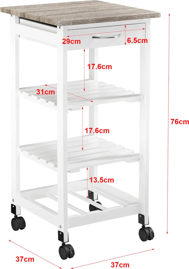  Servierwagen 76 X 37 X 37 Cm Barwagen 3 Ablage 1 Schublade Beistellwagen Allzweckwagen Rollwagen MDF Holzfarben-Weiß [en.casa]