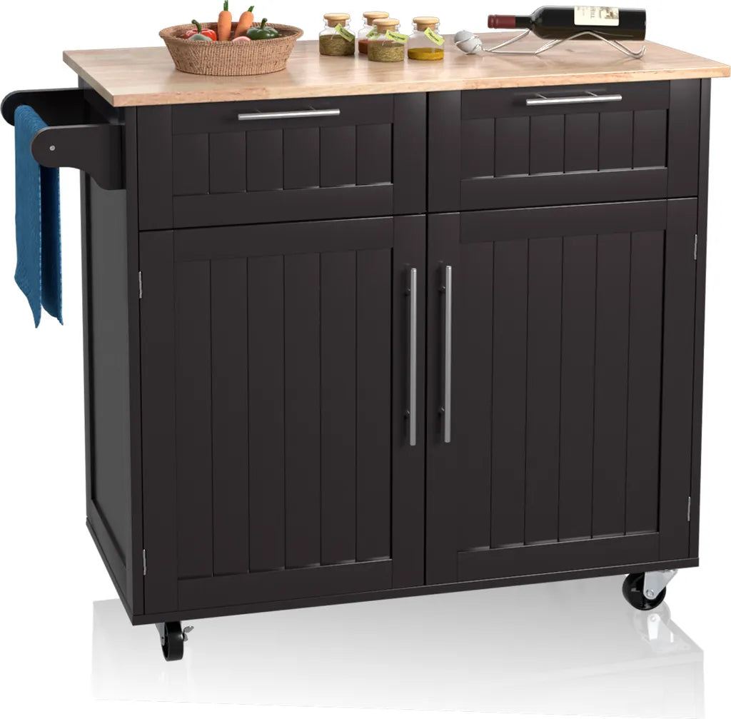  COSTWAY Küchenwagen Kücheninsel Mit Arbeitsplatte, 2 Schubladen Türen & Handtuchhalter, Servierwagen Holz Mit Rollen, 94x45,5x94,5cm, Braun