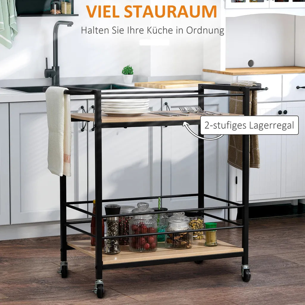  HOMCOM Küchenwagen Servierwagen Aufbewahrungswagen Beistellwagen Mit 2 Ebenen Und Griff Rollenwagen Für Küche Esszimmer Belastbarkeit 60 Kg Spanplatte 82 X 40 X 75 Cm