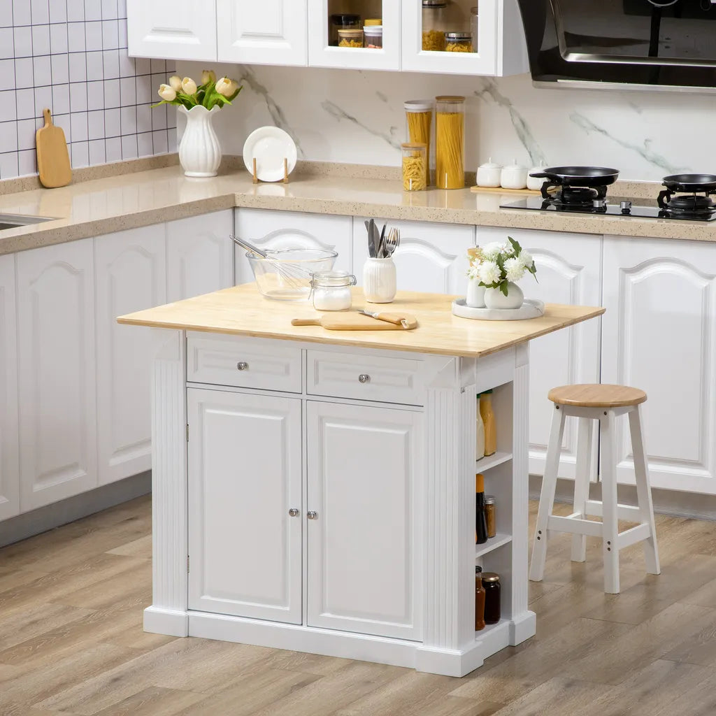  HOMCOM Kücheninsel, Sideboard Mit Erweiterbarer Arbeitsfläche, Küchenschrank Mit Schubladen, Gewürzregalen, Servierwagen Aus Holz Für Küche, Weiß, 108 X 78,4 X 84 Cm