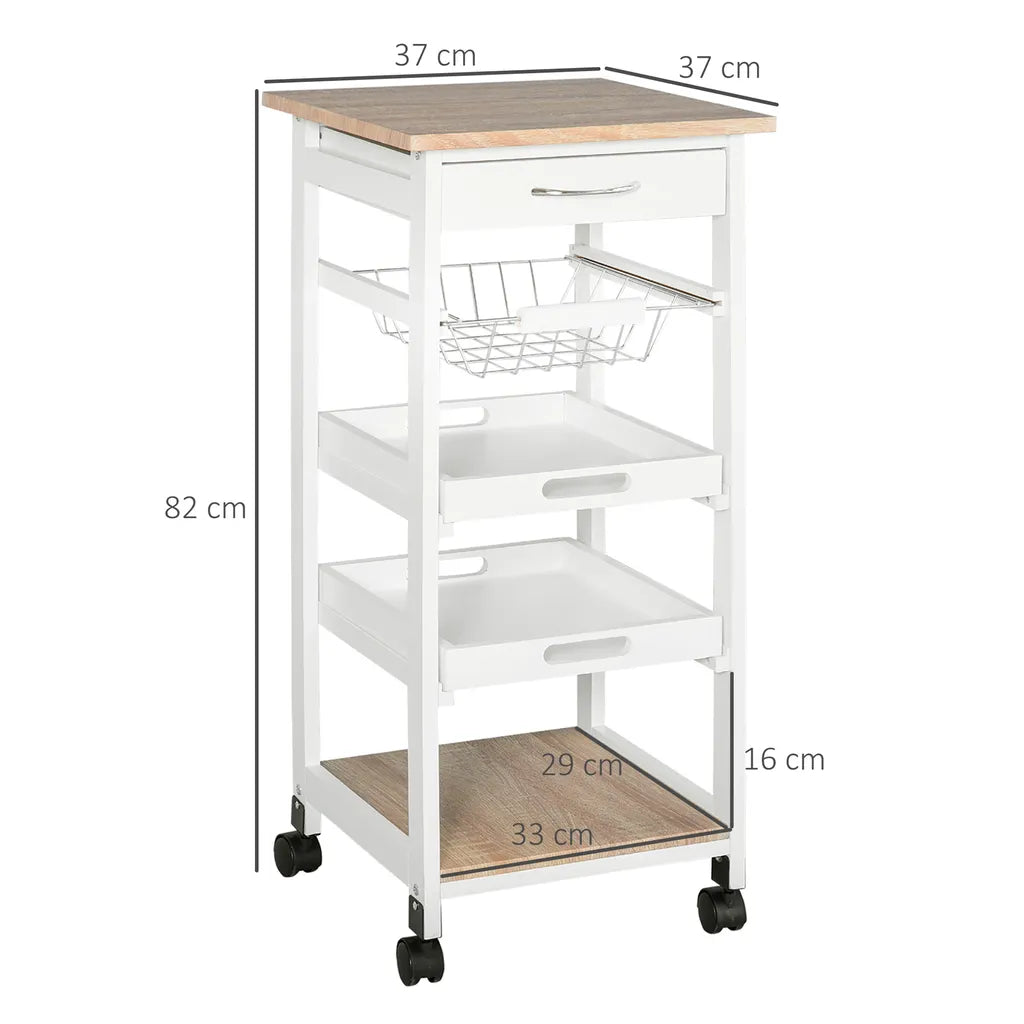  HOMCOM Küchenwagen, Servierwagen Mit Schublade Und Abnehmbarem Tablett Küchenrollwagen, Rollwagen Mit Arbeitsplatte, Kieferholz, Weiß, 37 X 37 X 82 Cm