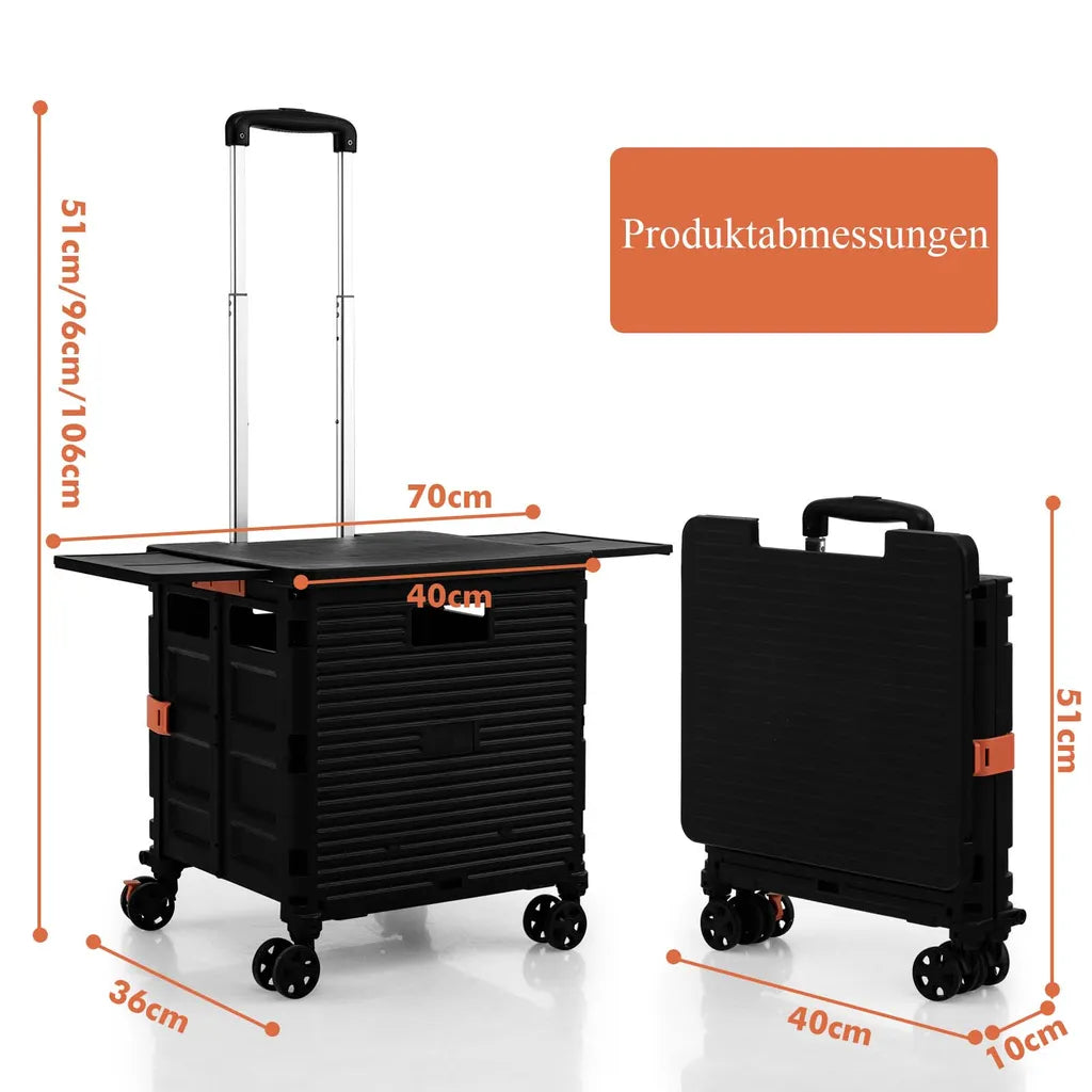  COSTWAY 55L Einkaufstrolley 80kg Belastbar, Klappbarer Einkaufswagen Mit 3-fach Verstellbarem Griff, 2 Bremsbaren Universalrädern & Erweiterbarer Obere Abdeckung, Handwagen Tragbar, Schwarz