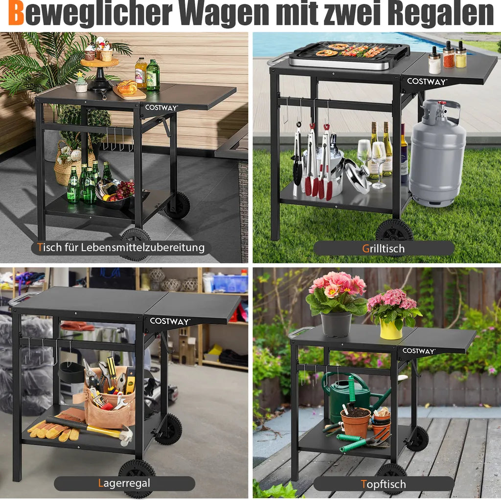  COSTWAY Grilltisch Mit Klappbarer Tischplatte, Beweglicher Campingtisch Mit 2 Ablagen & 4 Haken, Metall Grillwagen Für Außenbereich, Rollwagen Zum Grillen & Outdoorküche, Zubereitungswagen Schwarz