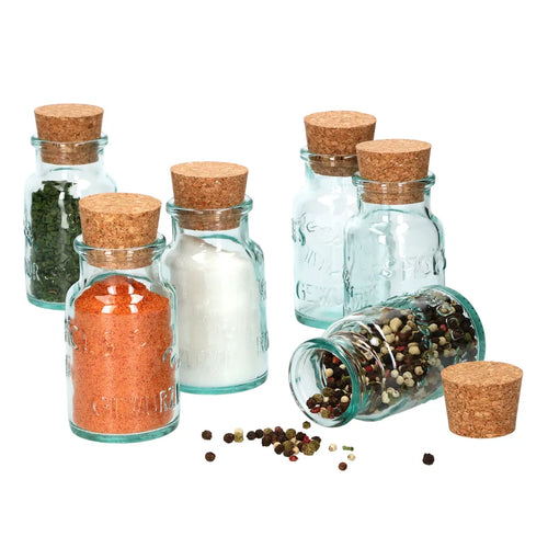  6 Runde Gewürzgläser 125 Ml + Naturkorkdeckel Glasdosen Vorratsbehälter Recyceltes Aufbewahrung