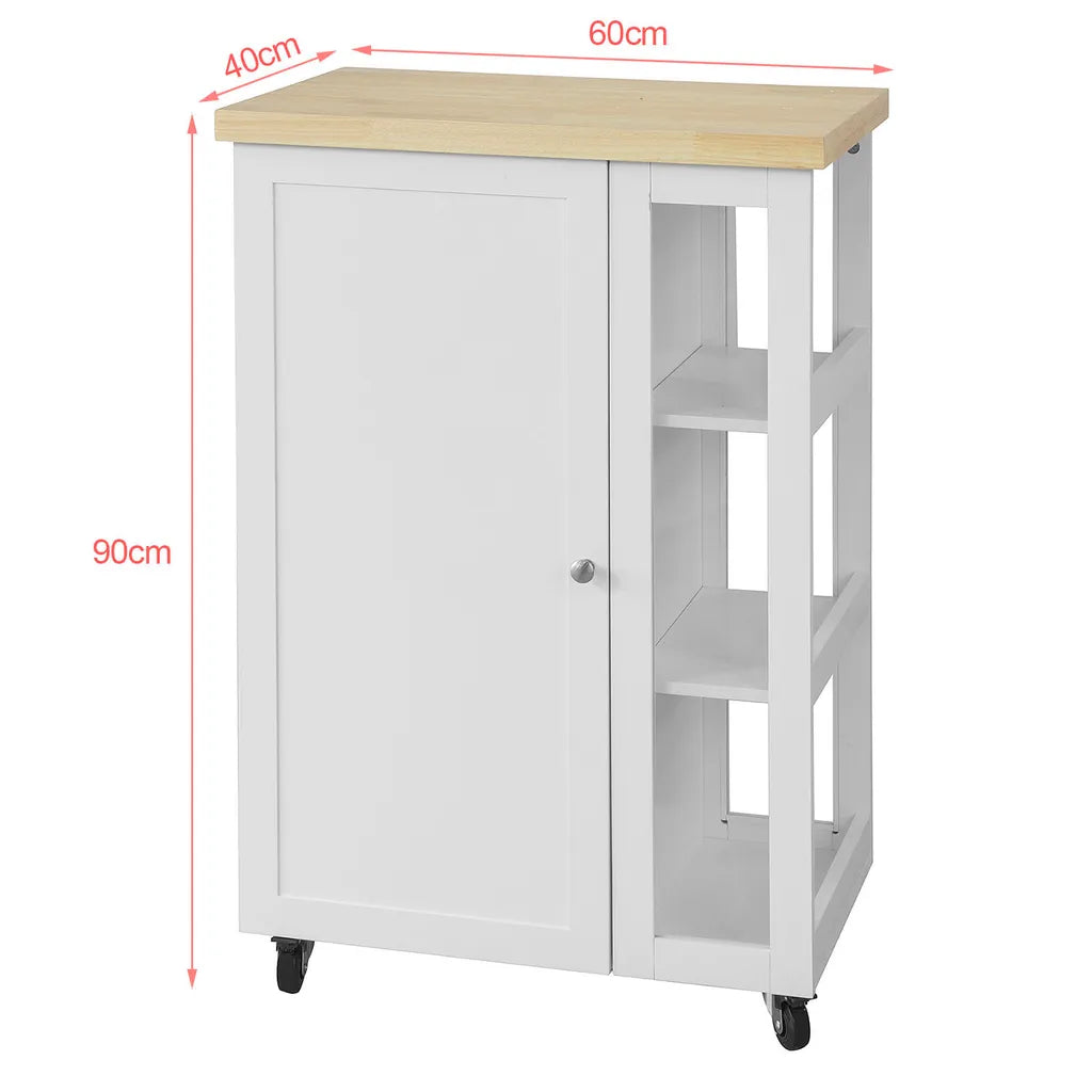  SoBuy FKW75-WN Küchenwagen Servierwagen Beistellwagen Rollwagen Mit 1 Tür Und 3 Regalböden Weiß-Natur BHT Ca.: 60x90x40cm