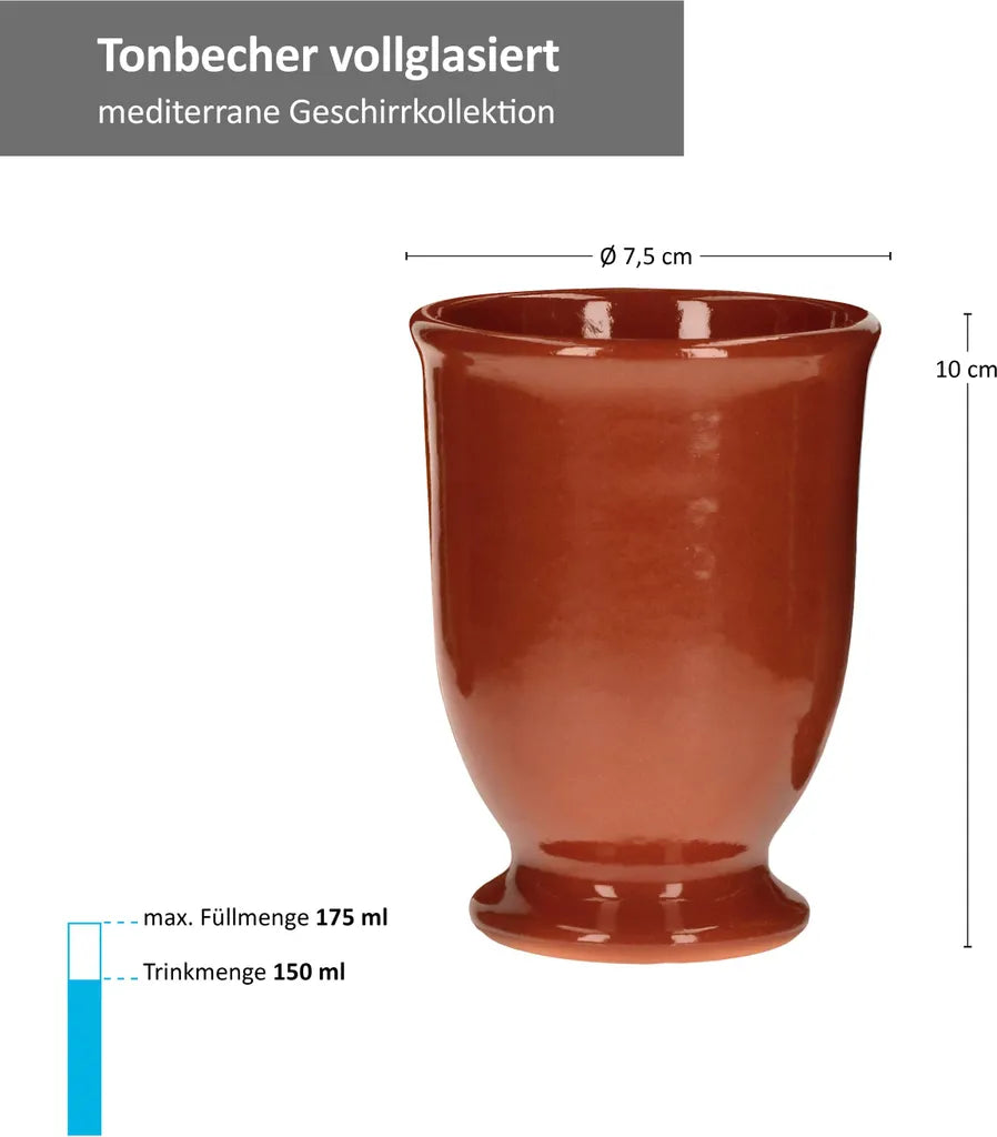  7tlg.-Set: Tonkrug 1.9L + 6 Tonbecher 175ml Ton-Geschirr Rotbraun Glasiert Servier-Kanne Tassen