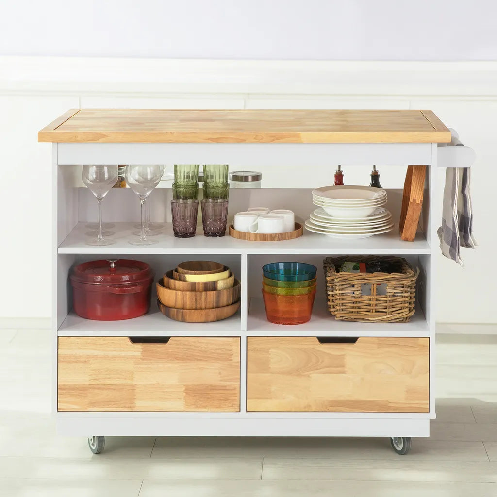  SoBuy FKW107-WN Design Küchenwagen Mit Arbeitsplatte Kücheninsel Küchenschrank Rollwagen Sideboard Auf Rollen Weiß-Natur BHT Ca.: 110x91x55cm