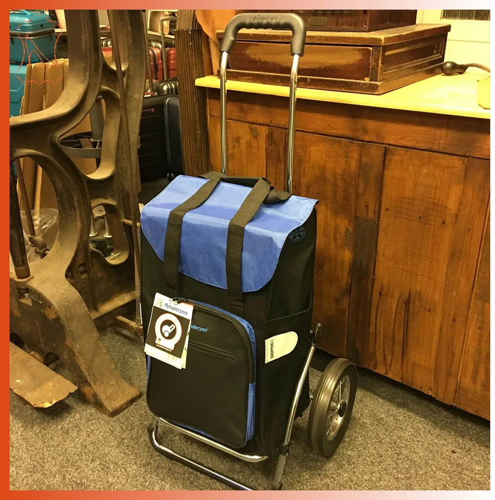  Andersen Einkaufstrolley Royal Sondermodell Aus Stahl Mit Metallspeichenrad 25 Cm Und 45 Liter Einkaufstasche Wismar Schwarz/blau Mit Kühlfach
