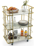  COSTWAY Küchenwagen Mit Universalrädern, Servierwagen 3 Ablagen, Marmor-Optik Barwagen Modern, Mobiler Rollwagen, Haushaltswagen Metallrahmen, Mehrzweckwagen Für Haus, Restaurant, Allzweckwagen Golden