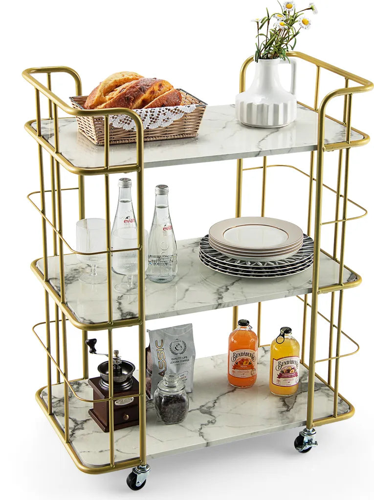  COSTWAY Küchenwagen Mit Universalrädern, Servierwagen 3 Ablagen, Marmor-Optik Barwagen Modern, Mobiler Rollwagen, Haushaltswagen Metallrahmen, Mehrzweckwagen Für Haus, Restaurant, Allzweckwagen Golden