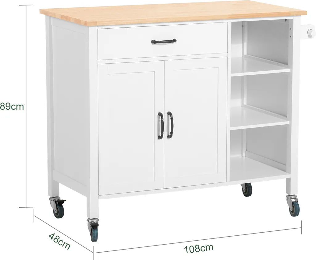  SoBuy FKW103-WN Design Küchenwagen Mit Arbeitsplatte Kücheninsel Küchenschrank Küchentrolley Weiß-Natur BHT Ca.: 108x89x48cm